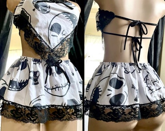 Ghostlike Charms - Skellington Slip Skirt and Strappy Crop Top Lingerie Set  - XS Small Medium Large XL