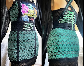 What Hump - Young Frankenstein Aqua Green and Black Lace Corset Dress - Medium or Large - Handmade One of a Kind
