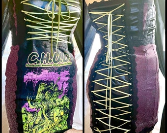 C.h.u.d. - Sparkly Purple Black and Green Lace Up Strapless Horror Party Dress - Large XL  - Handmade One of a Kind