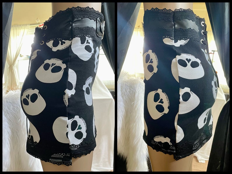 Skelly Skirt Black High Waisted Stretch Skull Mini Skirt With Pleather & Lace S M L xl Handmade image 8