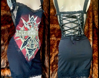 Hail the Bolt - Pre-Owned Black Lace Up Mini Death Metal Dress - XS -  Handmade One of a Kind