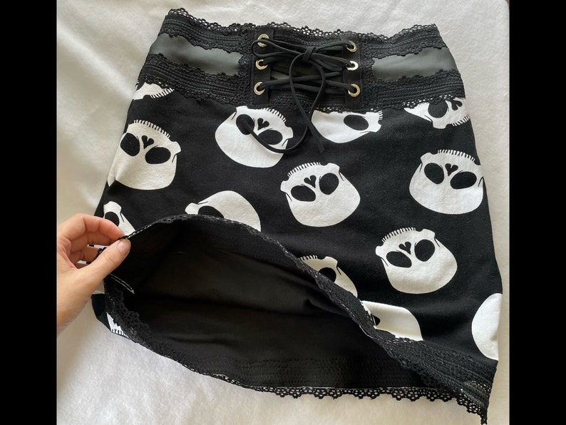 Skelly Skirt Black High Waisted Stretch Skull Mini Skirt With Pleather & Lace S M L xl Handmade image 6