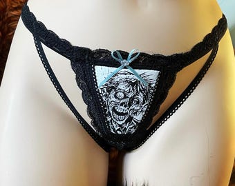 Strappy Zombie - Blue and Black Fishnet Ruched Cheeky Bikini Panty - XL - Handmade One of a Kind