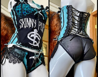 Black Sunrise - Skinny Puppy Blue and Black Upcycle Corset and Panty Set - Small Medium - Handcrafted One of a Kind