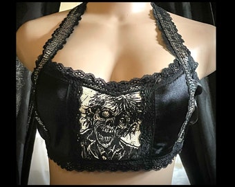 Bedazzled Dead - Medium Silky Black Sequined Zombie Bralette Top - M - Handmade One of a Kind