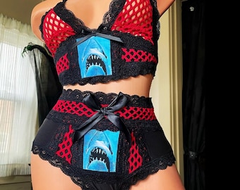 Swimmin With Bow Legged Women - JAWS Red Fishnet and Black Lace High Waisted Panty and Sheer Bralette Set - Small - Handmade One of a Kind