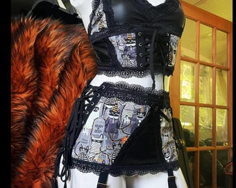 Cats of the Grave - Black Pleather & Lace Gothic Cat Lingerie Set - Halloween Garter Belt and Crop Top  - Size Medium