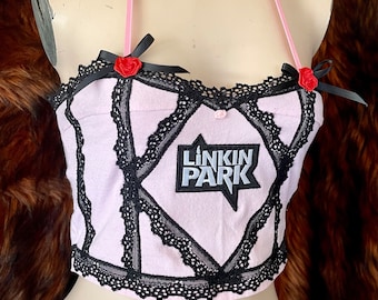 With You - Linkin Park Pink and Black Lace Nu Metal Valentines Bralette / Crop Top Upcycled Fabric - Small - Handmade One of a Kind