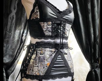 Cats of the Grave - Black Pleather & Lace Gothic Cat Lingerie Set - Halloween Garter Belt and Crop Top  - Size Medium