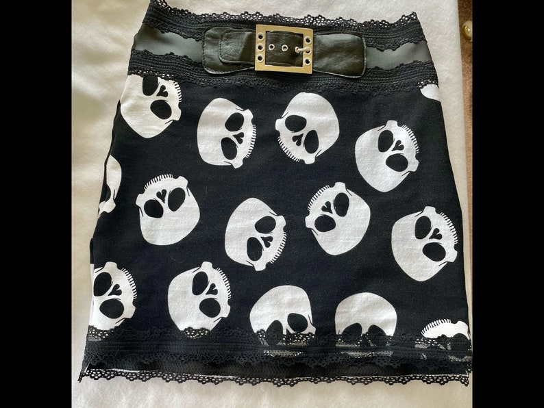 Skelly Skirt Black High Waisted Stretch Skull Mini Skirt With Pleather & Lace S M L xl Handmade image 7