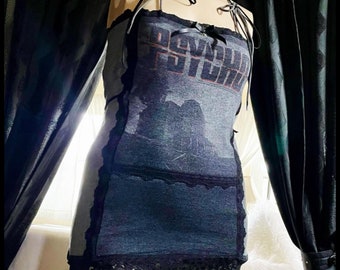 PSYCHO - Grey and Black Lace Faux Fur Lined Babydoll Nightie / Top - XL   - Handmade One of a KInd