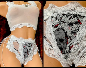 White Zombie - XS/S Lace Up High Waisted Panty and Sheer Mesh Bralette Set  - X-Small / Small- Handmade One of a Kind