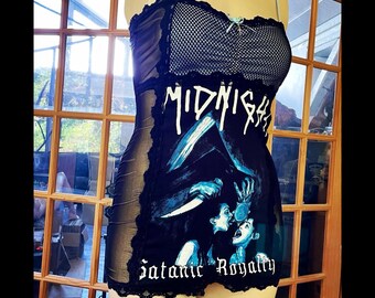 Midnight Nightie - Baby Blue and Black Mesh Inverted Cross Babydoll Mini Dress / Top  - Large or Medium - Handmade One of a Kind
