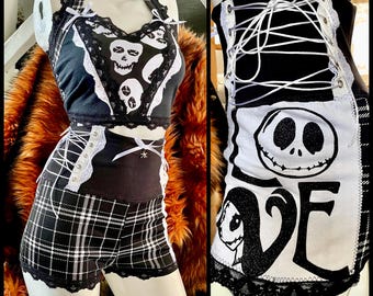 Sally Skellington - Black & White Plaid Lace Up Crop Top and High Waist Short Set - XS - Handmade One of a Kind