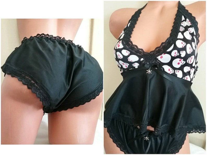 I Dream of Skulls M One of a Kind Skull Nightie Ruffle Pajama Top and Panty Set