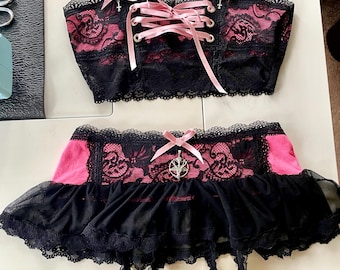 Pink Maggit No. 3 - Hot Pink and Black Lace Satanic Crotchless Panty Skirt and Bralette Set  - Large - Handmade One of a Kind