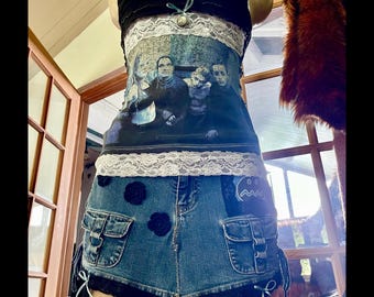 Chamber Outfit - Denim Coal Chamber Mini Garter Skirt and Lace Tank Top Set - Handmade One of a Kind
