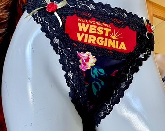Wild & Wonderful  - Black Floral Satin and Lace West Virginia Lover Panties - Large - Handmade One of a Kind