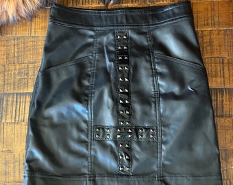 No Master Skirt I - Upcycled Black Pleather H&M Mini Skirt With Studded Inverted Cross - Size 4 Small - Handcrafted One of a Kind