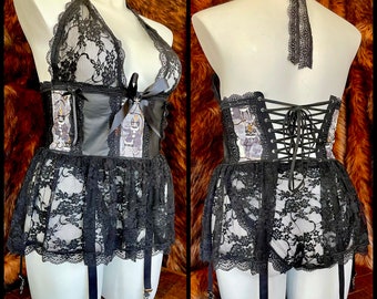 Cats of the Grave  - Sheer Black Lace Halloween Garter Babydoll / Corset Top  -   XL/2X - Handmade One of a Kind