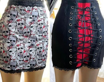 Bloody Zombies Corset Skirt - Red and Black Lace Up High Waist Living Dead Mini - Medium or Small - Handmade One of a Kind