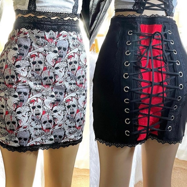 Bloody Zombies Corset Jupe - Rouge et Noir Lace Up High Waist Living Dead Mini - Medium ou Small - Handmade One of a Kind