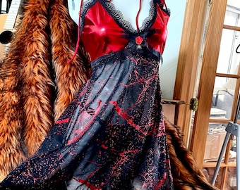 The Hunger - Sheer Black and Red Blood Splatter Open Back Babydoll Top - Small/Medium - Handmade One of a Kind