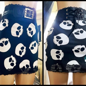 Skelly Skirt Black High Waisted Stretch Skull Mini Skirt With Pleather & Lace S M L xl Handmade image 2