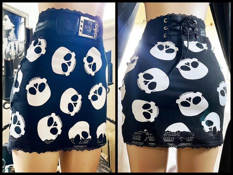 Skelly Skirt Black High Waisted Stretch Skull Mini Skirt With Pleather & Lace S M L xl Handmade image 2