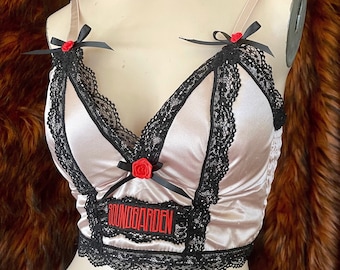 Loud Love - Soundgarden Upcycled Pink Satin and Black Lace Bralette / Crop Top - XS 30 32 - Handmade One of a Kind