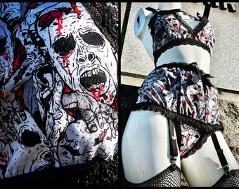 Bloody Zombies - Small Lingerie Set - Garter Belt Bralette and Panty Black Red Undead - S - Handmade One of a Kind