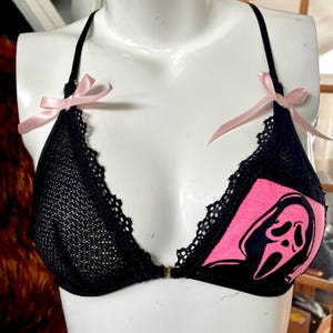 Hot Pink Horror - Upcycled Black Unlined Bralette with Scream Patch - XS 32 - One of a Kind