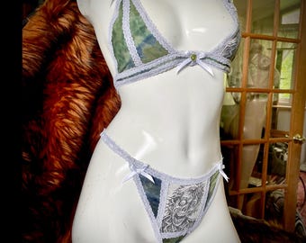Zombikini - Green and Grey Lacy Zombie Bralette and Panty Set - Small - Handmade One of a Kind