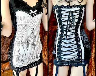 Pallbearer - Black and White Crushed Velvet Lace Up Garter Top - Small - Handmade One of a Kind