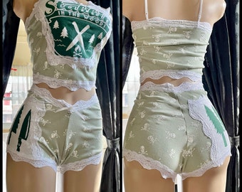 Stabbin’ in the Woods - Friday the 13th Inspired PJ Set Lace Crop Top and Booty Shorts - Small - Handmade One of a Kind