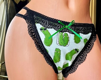 Pickle Princess - Sexy Pickle Print Strappy Sheer Black Lace Panty - Small Medium Large XL - Handmade Small Batch