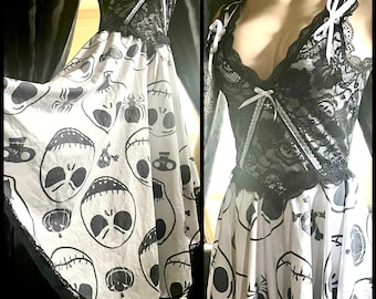Nightmare Gown - Skellington Black and White Lace Midi Maxi Nightgown / Dress - Small - Handmade One of a Kind