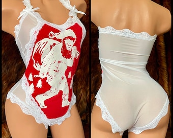 Santa Squatch - Bigfoot Christmas Bodysuit in Red and White Lace - Medium - Handmade One of a Kind