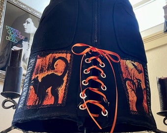 Howl of the Black Cat - Upcycled Wool Flare Skirt with Halloween Kitties and Skulls - Size Medium - One of a Kind