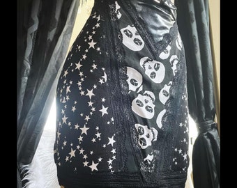 Dead of Night - Black Skulls and Stars High Waisted Skirt with Pleather and Lace - Medium M/L - Handmade one of a kind