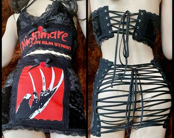 Krushin on Krueger  - Black Velvet Freddy Crop Bralette Top Backless Skirt and Panty Set - XS/Small - Handmade One of a Kind