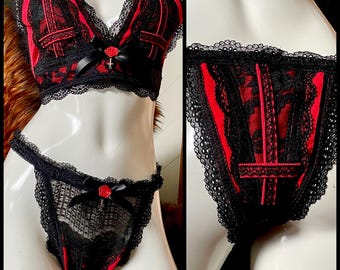 God of Emptiness - Black and Red Lace Inverted Cross Bralette Top and String Bikini Panty Set - Large - Handmade One of a Kind
