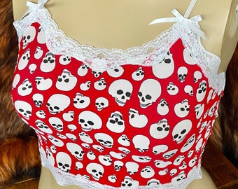 Red Death Top - Red and White Lace Crop Top - Large - Handmade