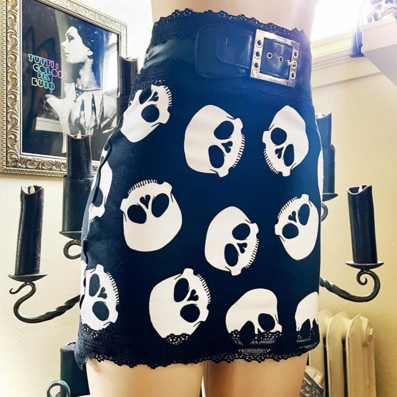 Skelly Skirt Black High Waisted Stretch Skull Mini Skirt With Pleather & Lace S M L xl Handmade image 1
