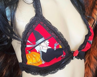 Red Hot Hag - Halloween Witch Triangle Bralette Red and Black Lace - Small 32B 34A 34B 36A - Handmade One of a Kind