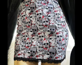 Bloody Zombies - XL L - High Waisted Living Dead Black and Red Stretch Mini Skirt - Large Extra Large - Handmade Horror