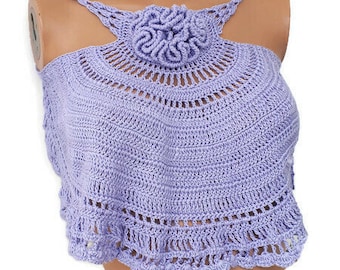 Top all'uncinetto color lilla pallido, bustier lavorato a maglia perfetto per festival estivi in spiaggia.