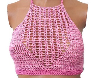 Halter top, Pink summer Crop Top bustier, Blouse top, Crochet Bikini Bra, Knit women top, Crochet hippie top, Women Beach wear, Top bustier