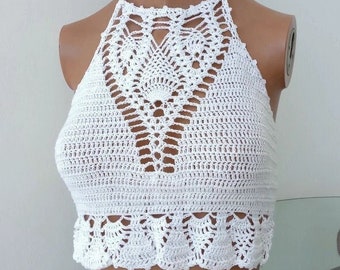 White knit Top, Crochet Beach Top, Crochet Tank Top, Summer Top, Women's knit Top, White bustier top, women top, Summer Beach Cover Up