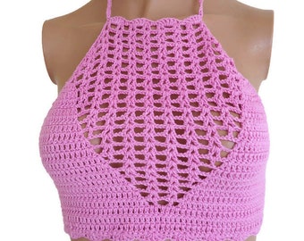 Pink summer bustier, Crochet Bikini Bra, Boho Bralette, Knit women top, Crochet hippie top, Women  Beach wear, Summer festival top bustier